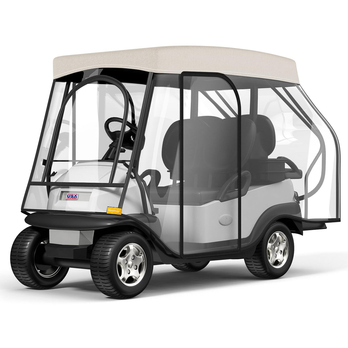 Rosefray golf cart enclosure front view with clear PVC windows for all-weather visibility.