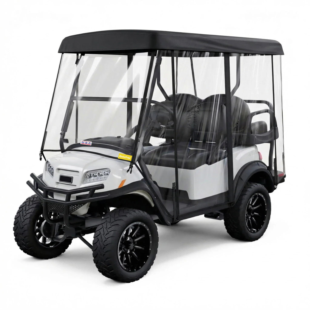 Rosefray golf cart enclosure front view with clear windows and weather protection