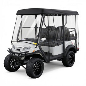 Rosefray golf cart enclosure front view with clear windows and weather protection
