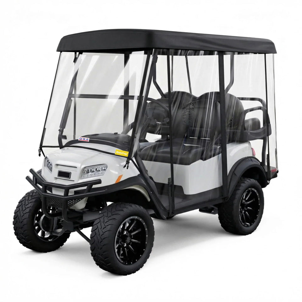Rosefray golf cart enclosure front view with clear windows and weather protection