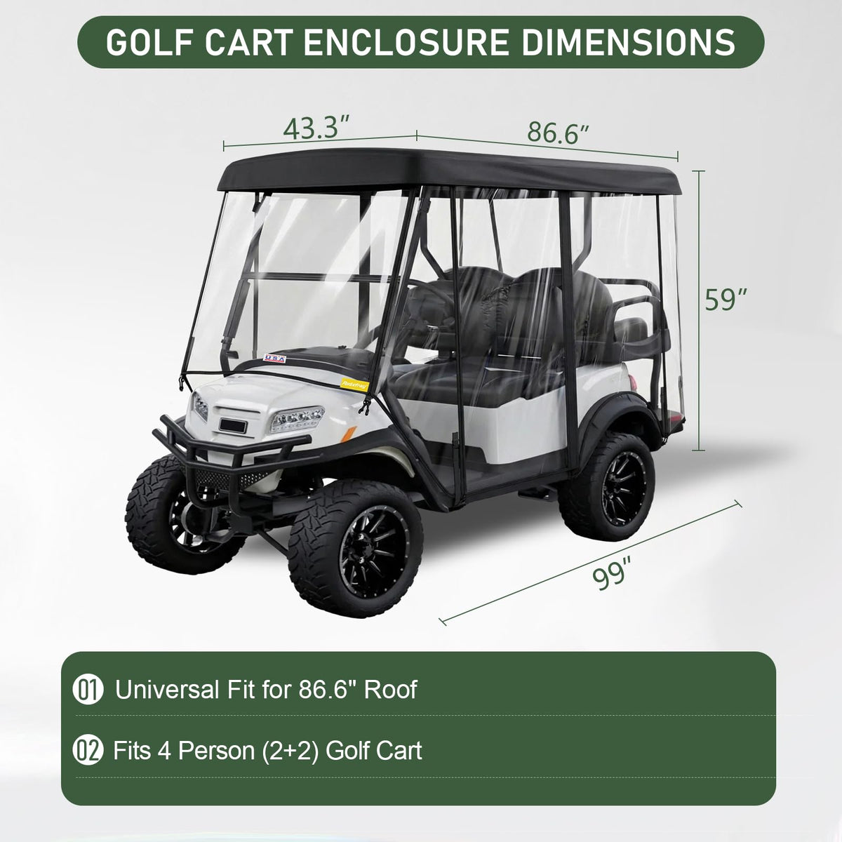 Rosefray golf cart enclosure rear view showing full coverage and durability