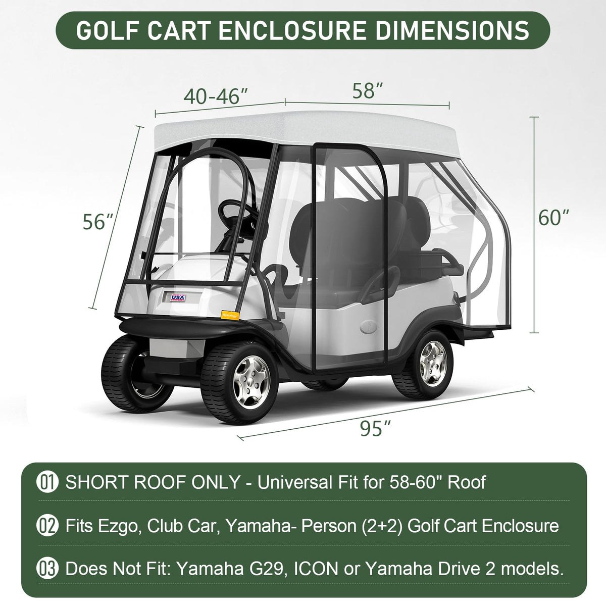 Rosefray golf cart enclosure with 58-inch short roof offers better fit and weather protection.
