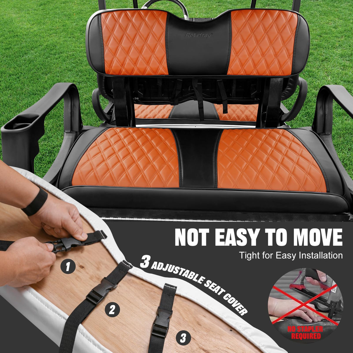 Rosefray golf cart rear-seat cover in black guards against UV fade.