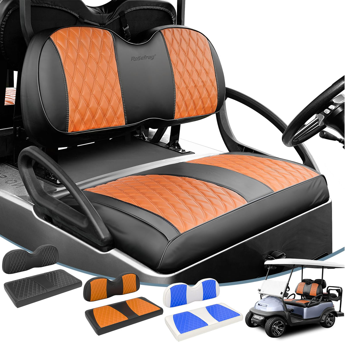 Rosefray front seat cover with diamond texture protects Club Car Precedent seats from wear.