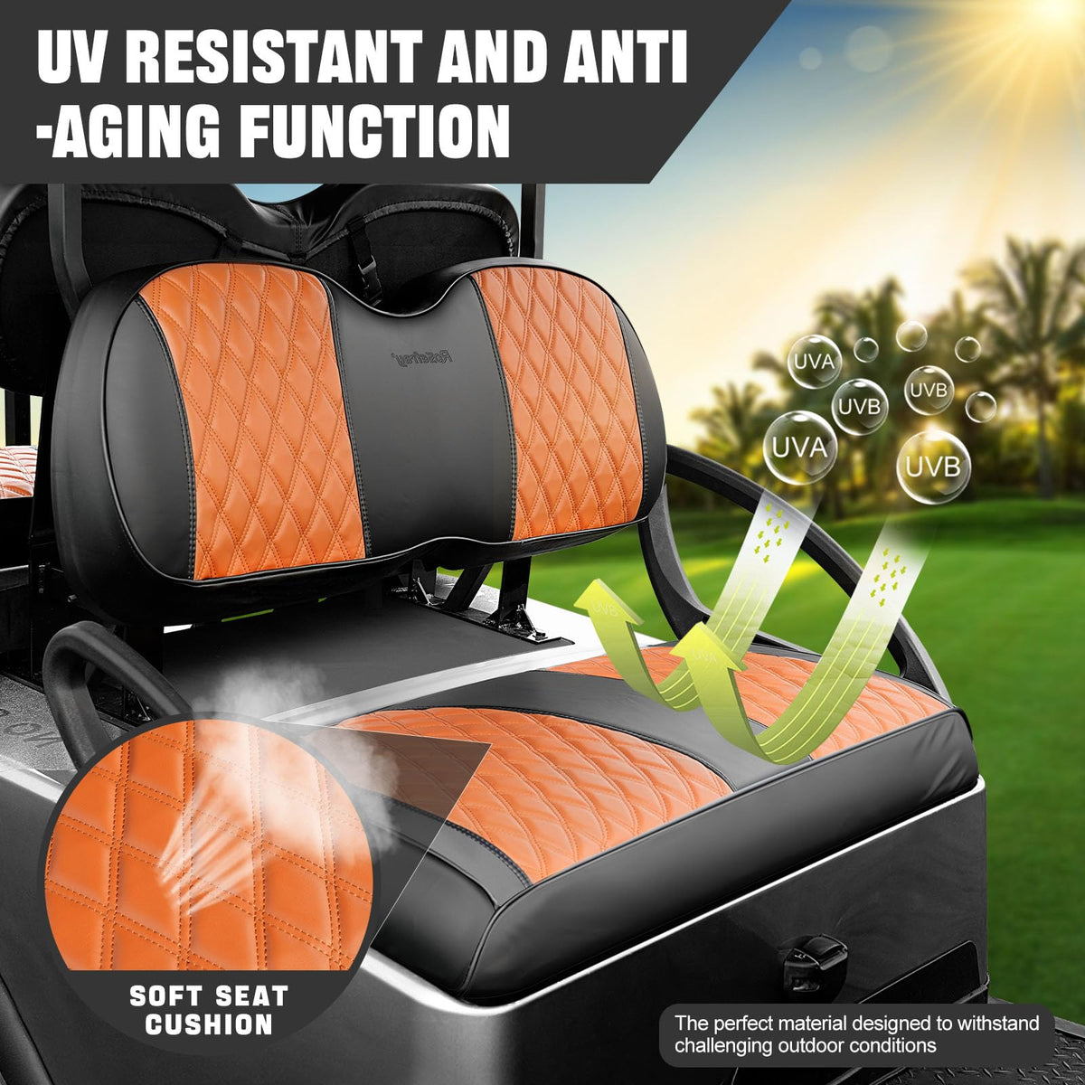 Rosefray leather diamond seat cover in brown-black for a durable, stylish cart interior.