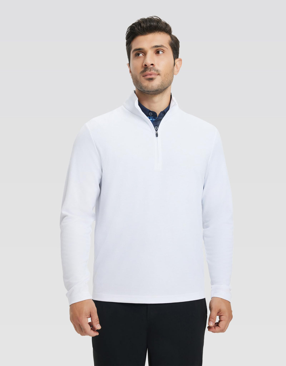 Rouen mens quarter zip pullover back view with clean lines and coverage