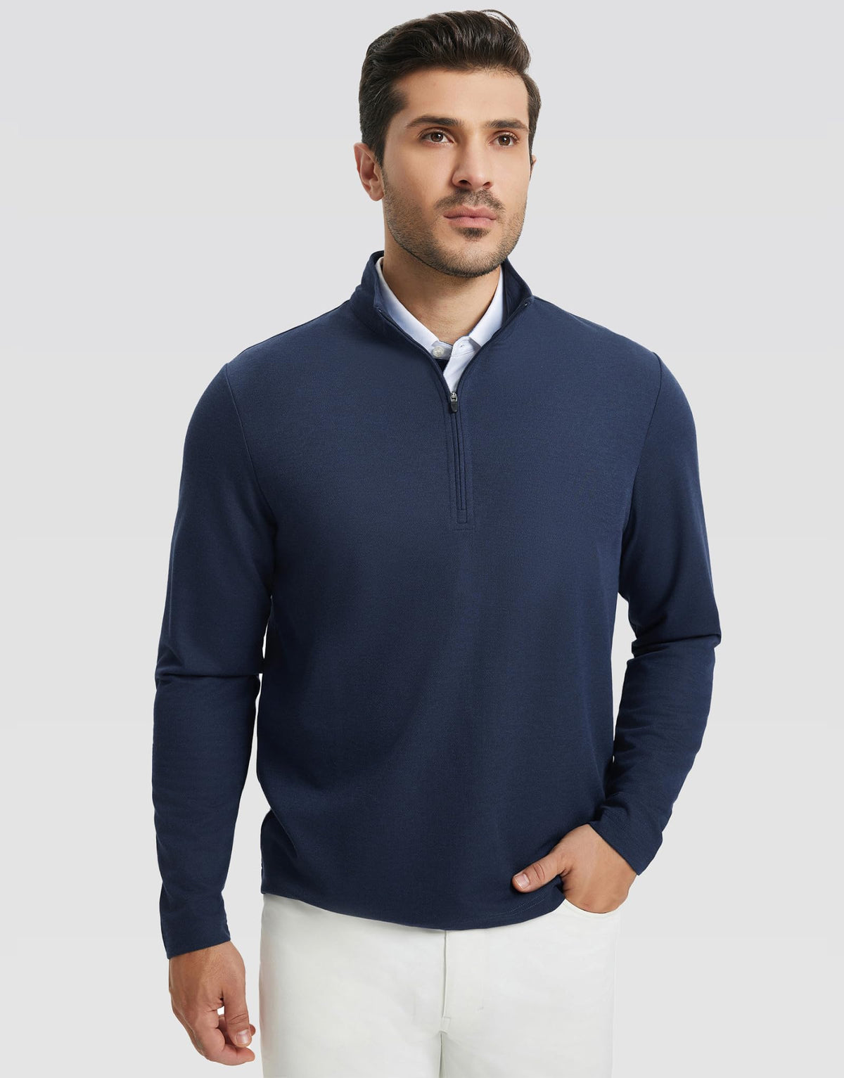 Rouen mens quarter zip pullover mock neck detail shows weather-ready coverage