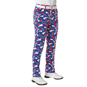 Royal & Awesome American flag design golf pants on the course for bold style