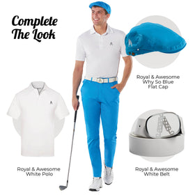 Royal & Awesome blue golf pants with deep pockets for practical on-course storage.