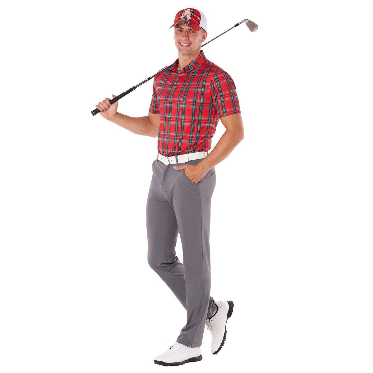 Royal & Awesome pocket area of grey technical golf pants with deep pockets