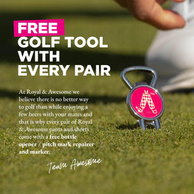 Royal and Awesome orange-slice golf pants deep pockets ideal for tees and scorecards.