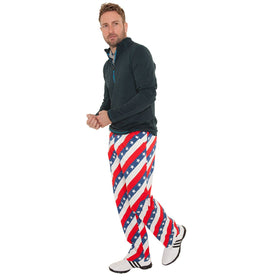 Royal & Awesome Pars and Stripes pants side view highlighting comfortable stretch.