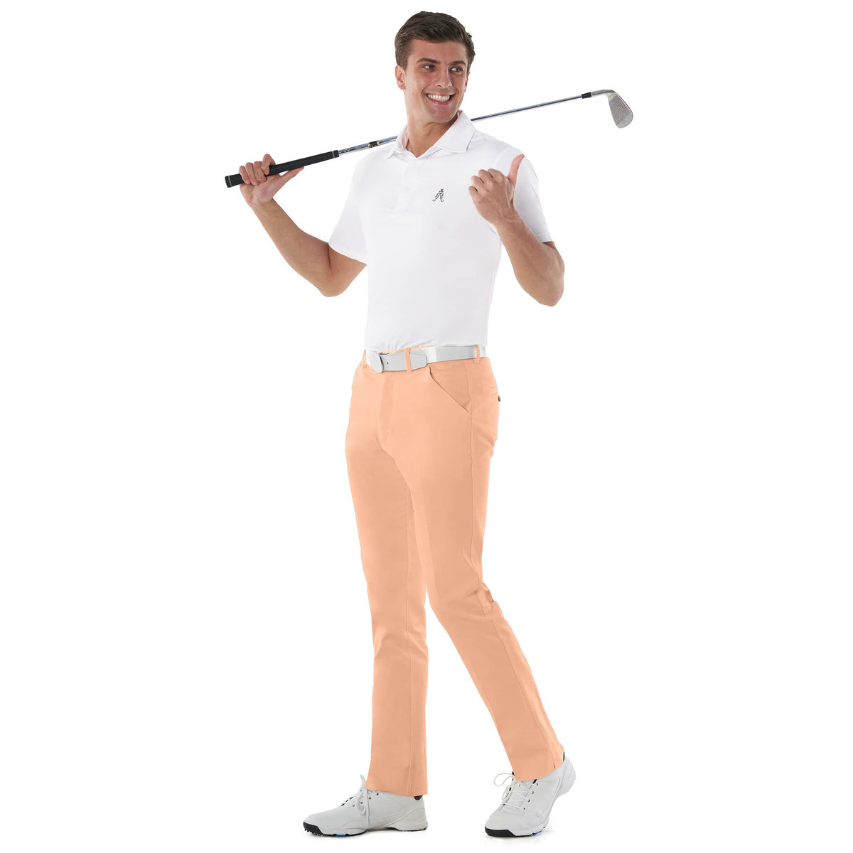 Royal & Awesome pastel orange golf pants side view for relaxed movement.