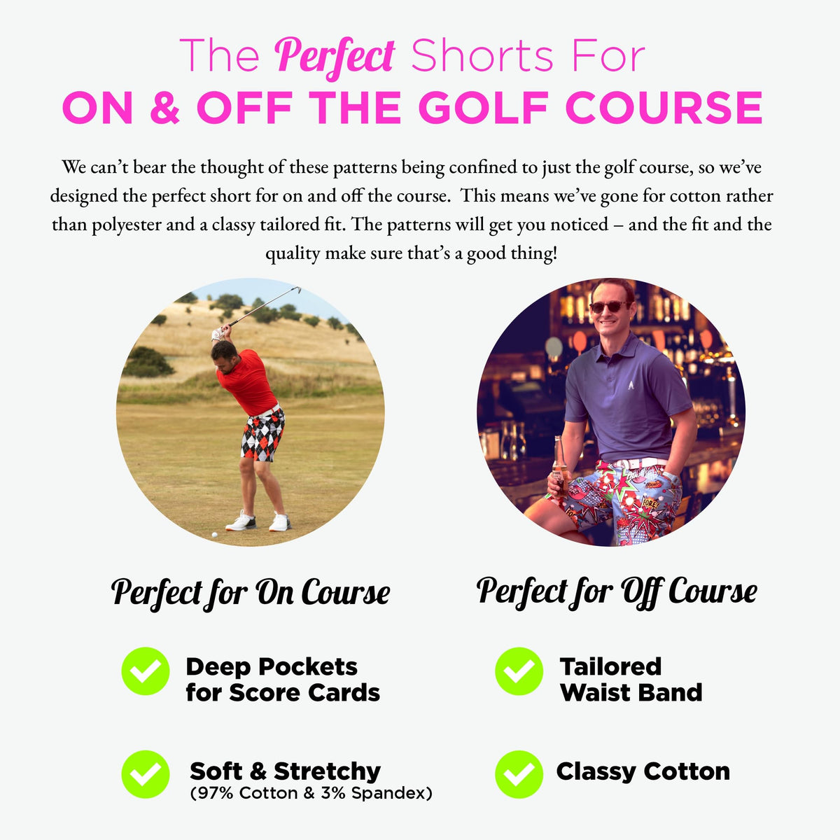 Royal & Awesome pastel pink golf shorts 3-in-1 tool included for convenient on-course use.