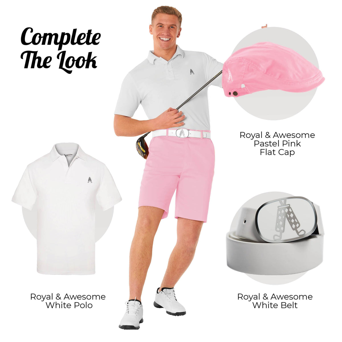 Royal & Awesome pastel pink golf shorts belt loops for tees and accessories.