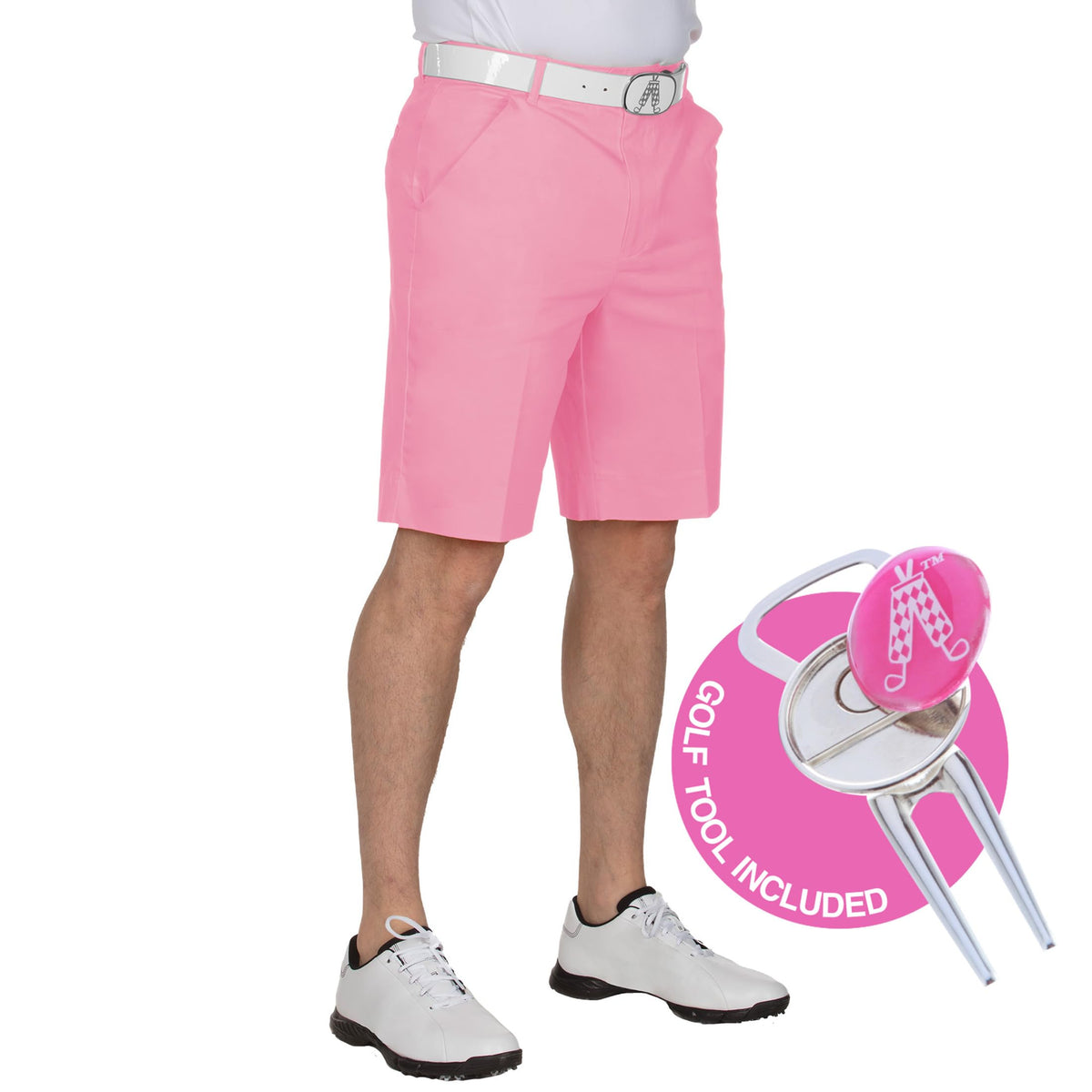 Royal & Awesome pastel pink golf shorts front view for all-day comfort on the course.