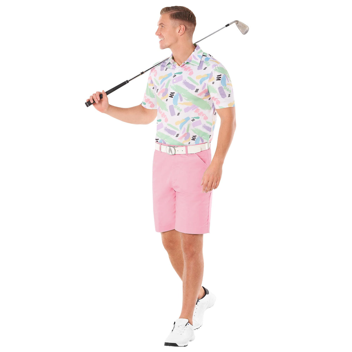 Royal & Awesome pastel pink golf shorts pocket detail with deep pockets for scorecards.