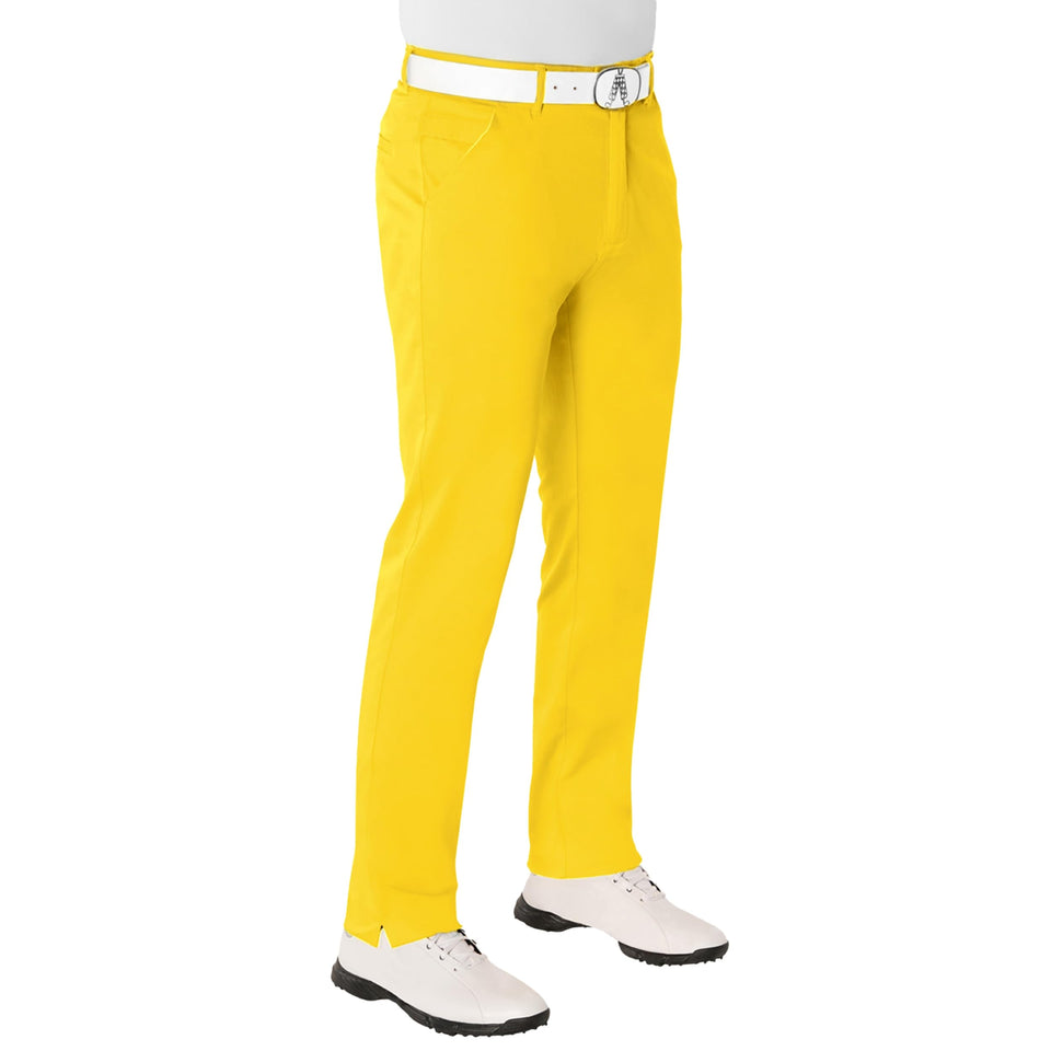 Royal and Awesome yellow slice golf pants on model, front view, bold color for the course.