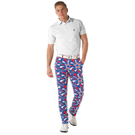Royal & Awesome patriotic flag design relaxed-fit golf pants ideal for warm-weather rounds.