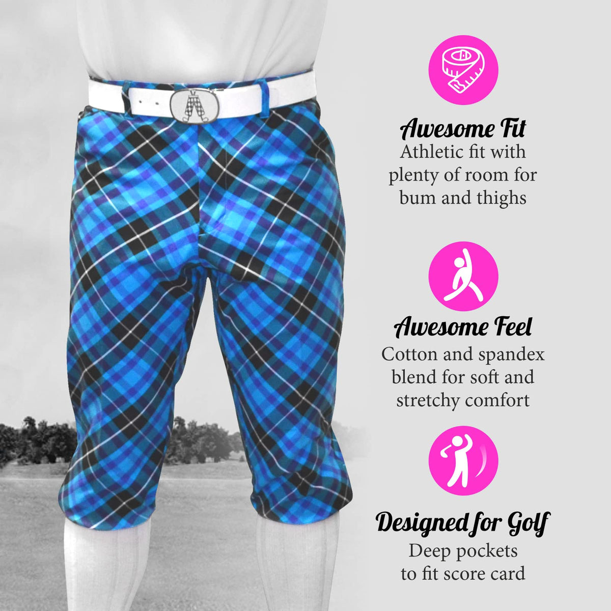Royal & Awesome blue plaid tartan knickers paired with matching cap and socks for coordinated look.