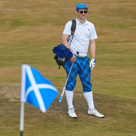 Royal & Awesome blue plaid tartan knickers Velcro knee strap close-up enabling flexible fitting.