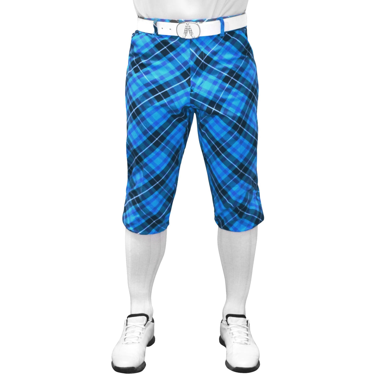 Royal and Awesome blue plaid trews on model with bold golf style.