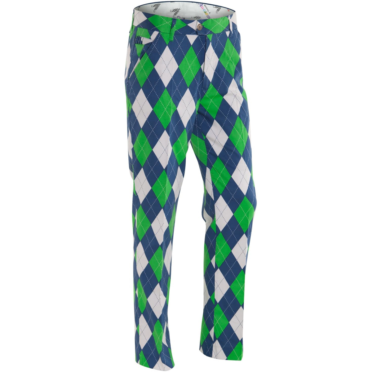 Royal and Awesome blues on the green pants with tee loops and tour slit for on-course setup.