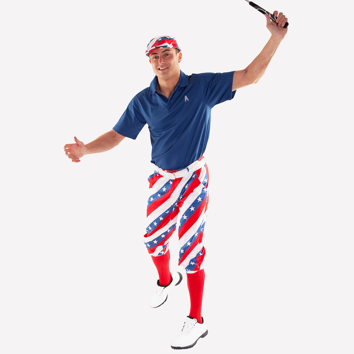 Soft cotton-spandex comfort in Royal and Awesome golf knickers for flexible movement.