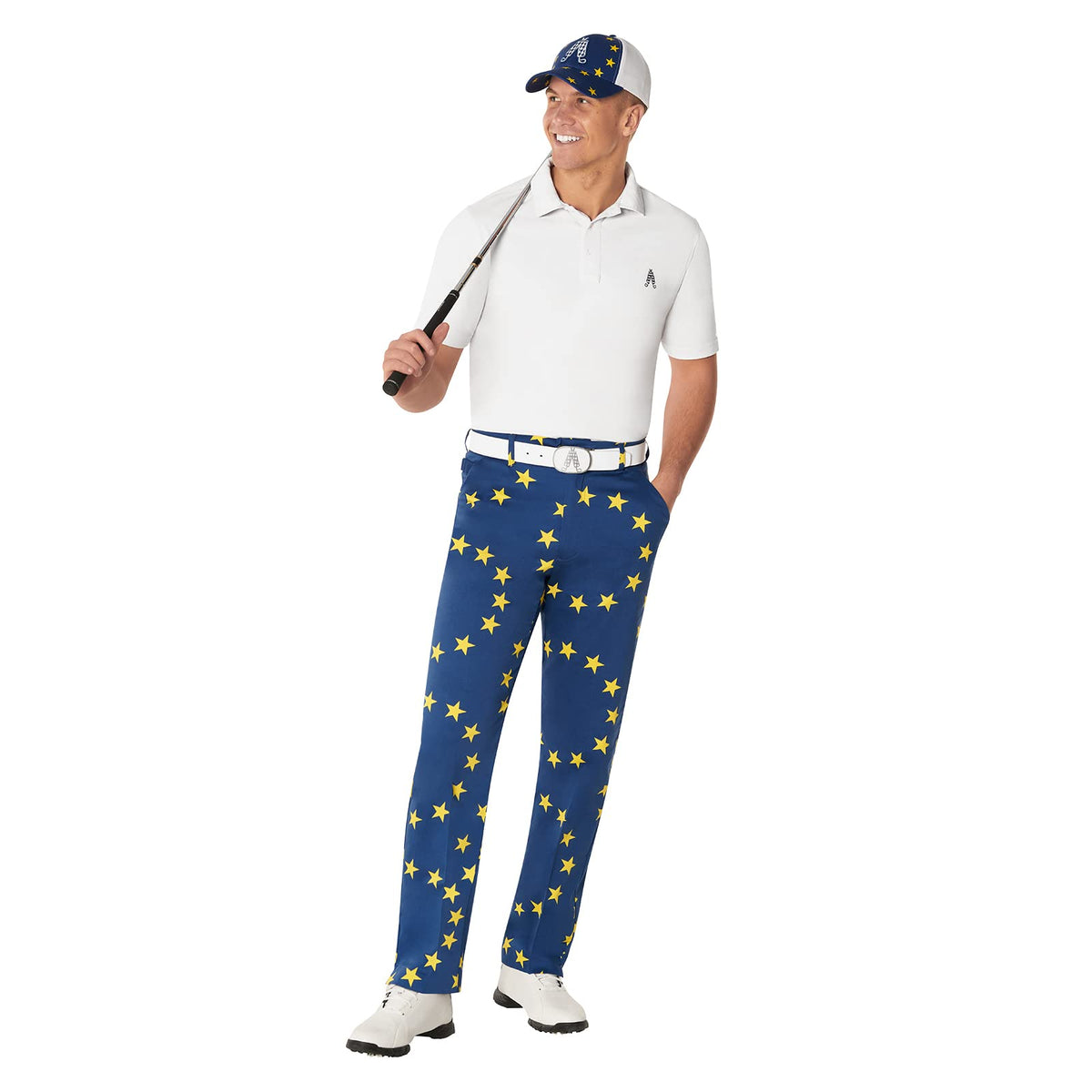 Royal & Awesome Eurostar golf pants back view, tapered leg and vivid pattern.