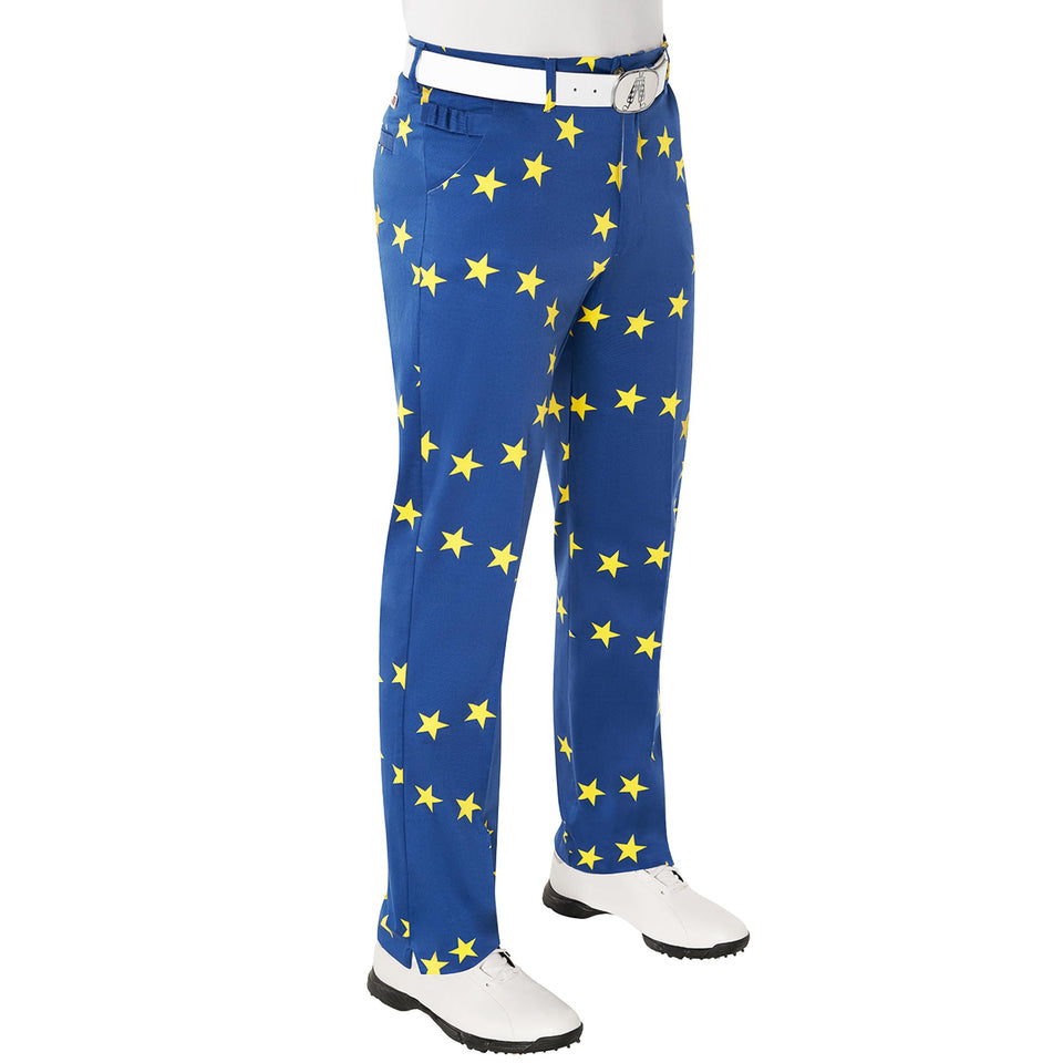 Royal & Awesome Eurostar golf pants front view, breathable cotton-spandex for comfort.