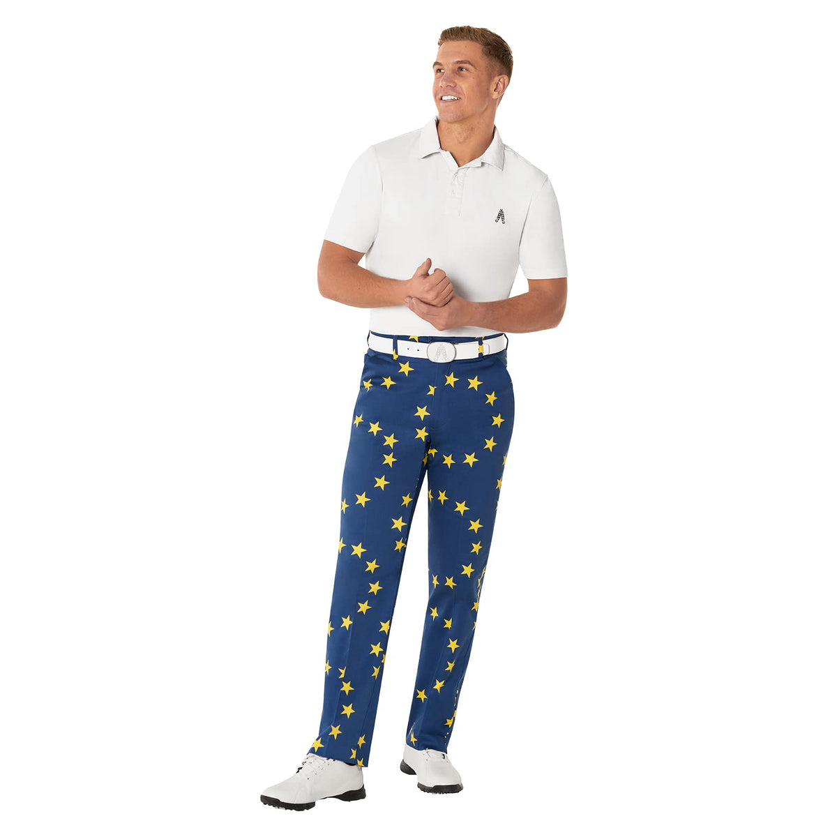 Royal & Awesome Eurostar golf pants side view, athletic fit with stretch.