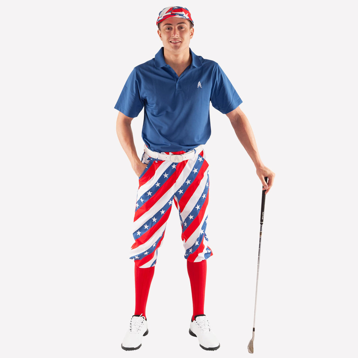 Royal and Awesome golf knickers with velcro knee straps for adjustable length.