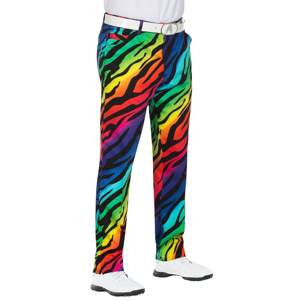 Royal & Awesome golf pants with multicolor diamonds for bold course style.