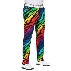 Royal & Awesome golf pants with multicolor diamonds, front view, bold on-course style.