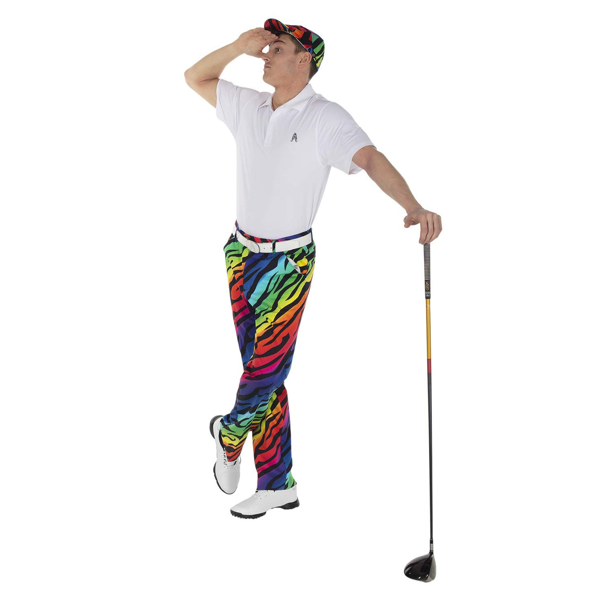 Royal & Awesome golf pants, rainbow design, side view, eye-catching performance wear.
