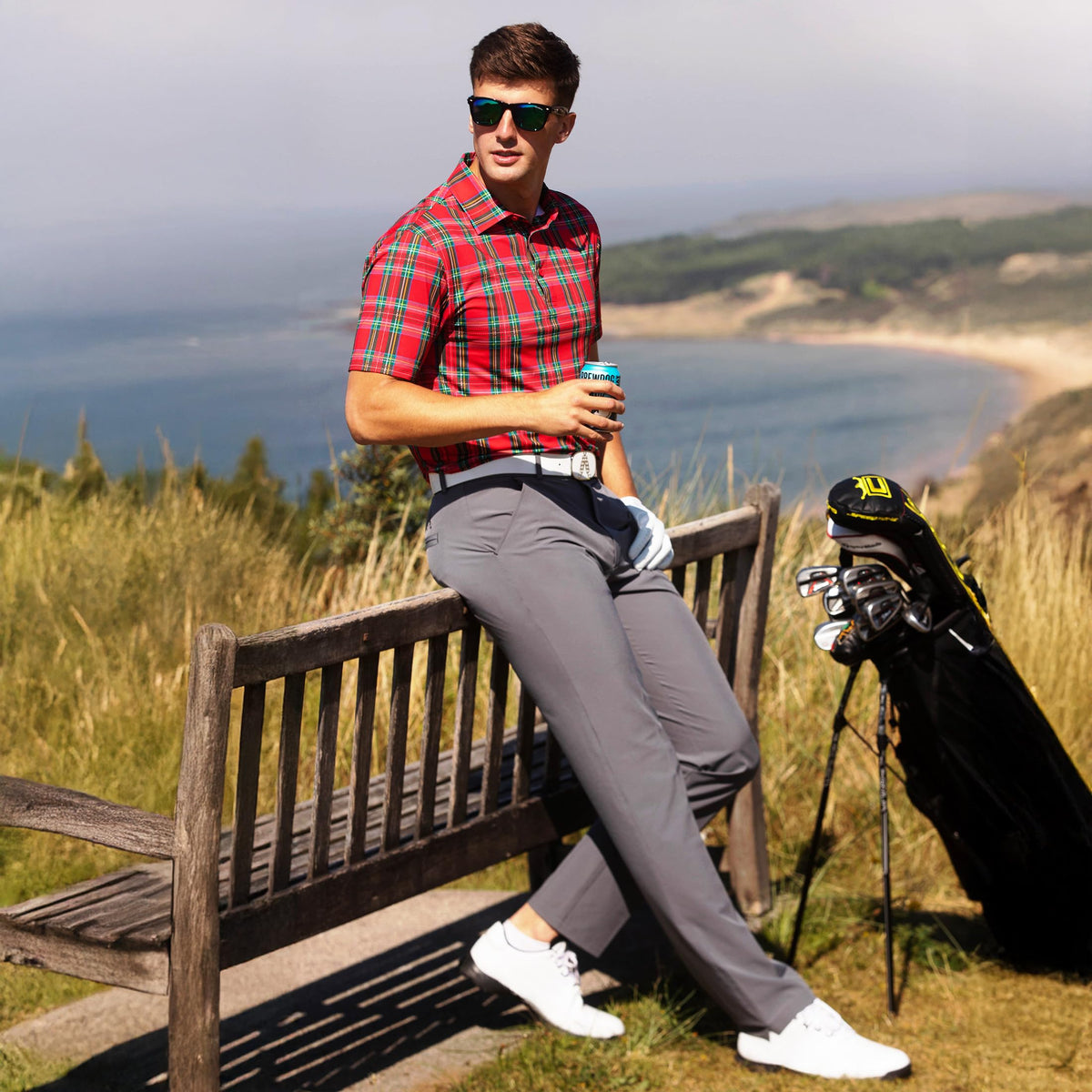 Royal & Awesome grey technical golf pants back view, showing deep pockets for scorecards.