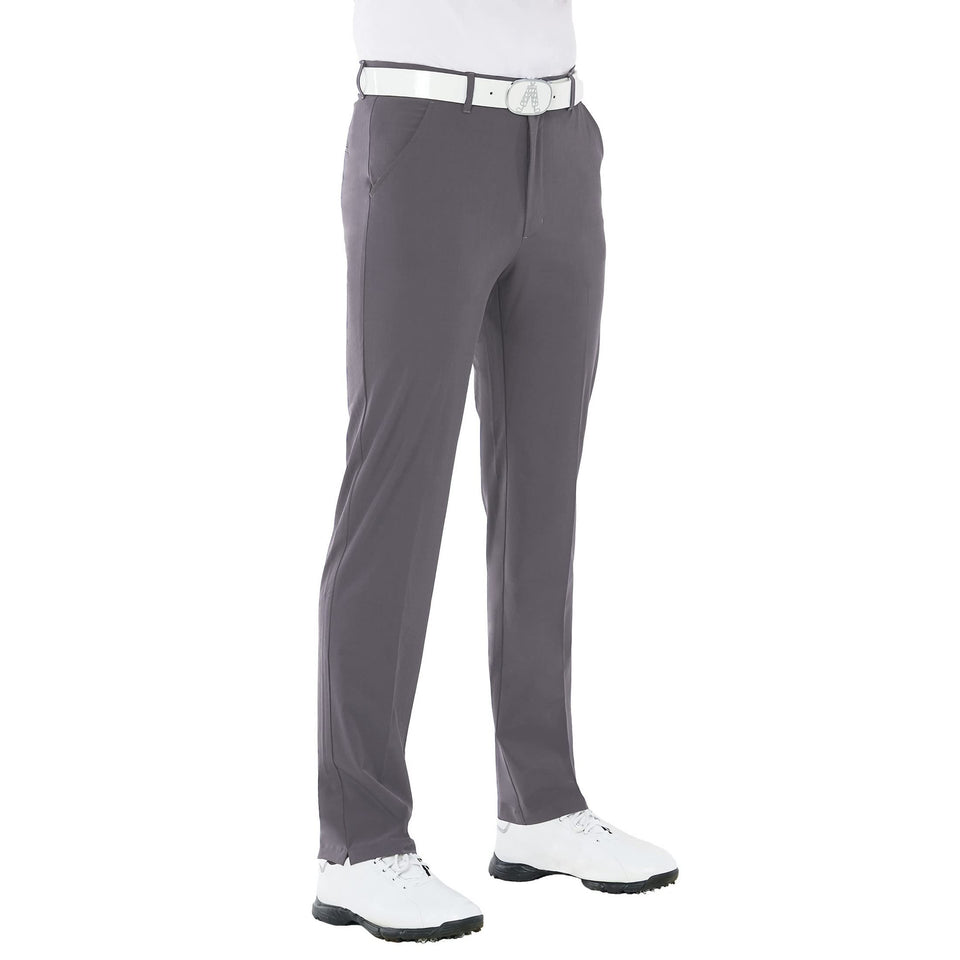 Royal & Awesome grey technical golf pants front view showing stretch fabric for movement