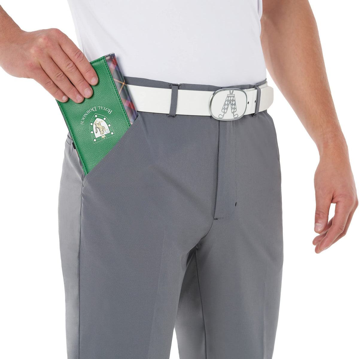 Royal & Awesome grey technical golf pants lower leg tapered profile for modern silhouette.