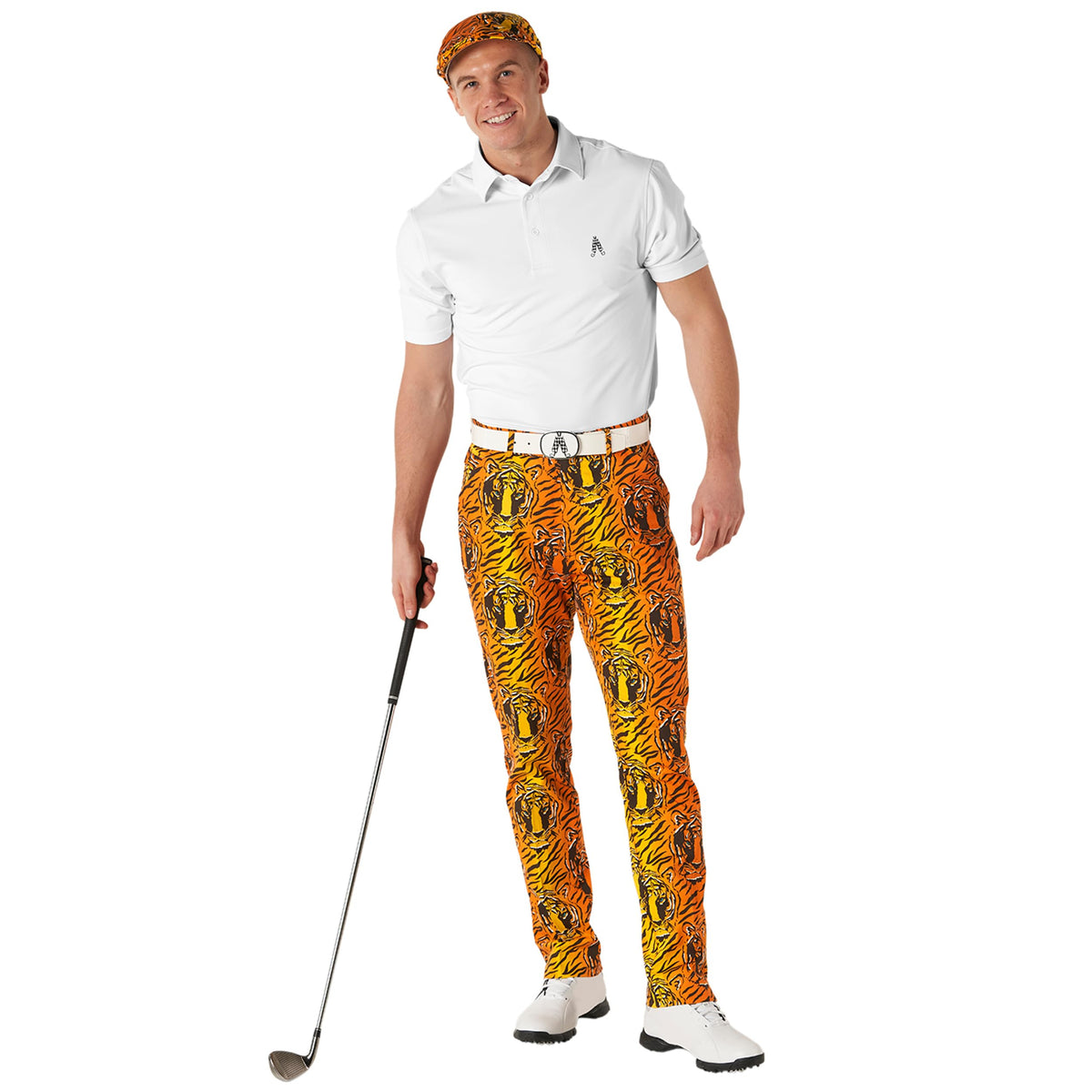 Royal & Awesome King of Diamonds pants side view showing stretch and fit