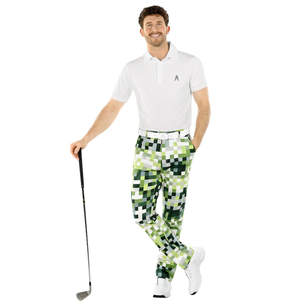 Royal & Awesome King of Diamonds golf pants with tee loops for convenient on-course setup.