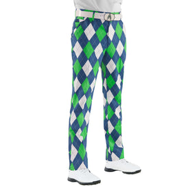 Royal & Awesome King of Diamonds golf trousers front view, breathable cotton-spandex comfort.