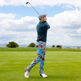 Royal & Awesome King of Diamonds pants back view showing fit and stretch.