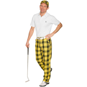 Royal & Awesome men's golf pants laid flat showing tee loops and deep pockets