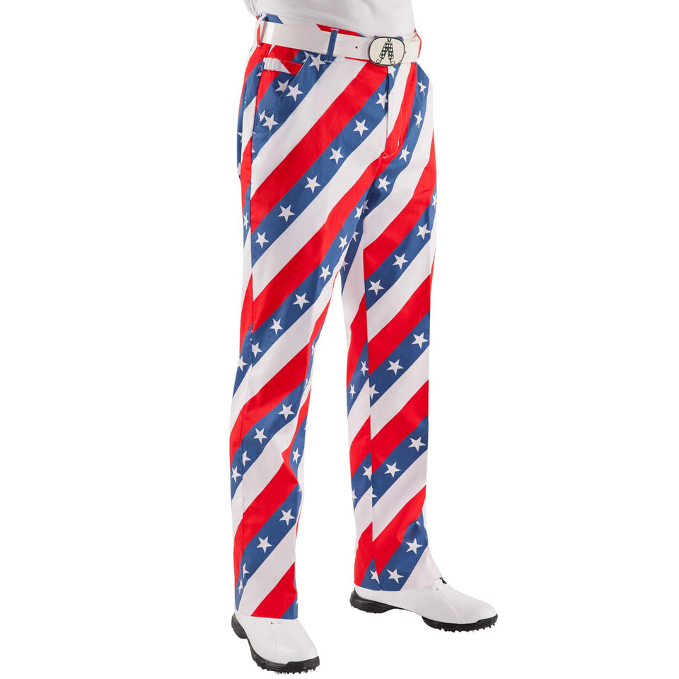 Royal & Awesome men's golf pants Pars and Stripes on model for bold on-course style.