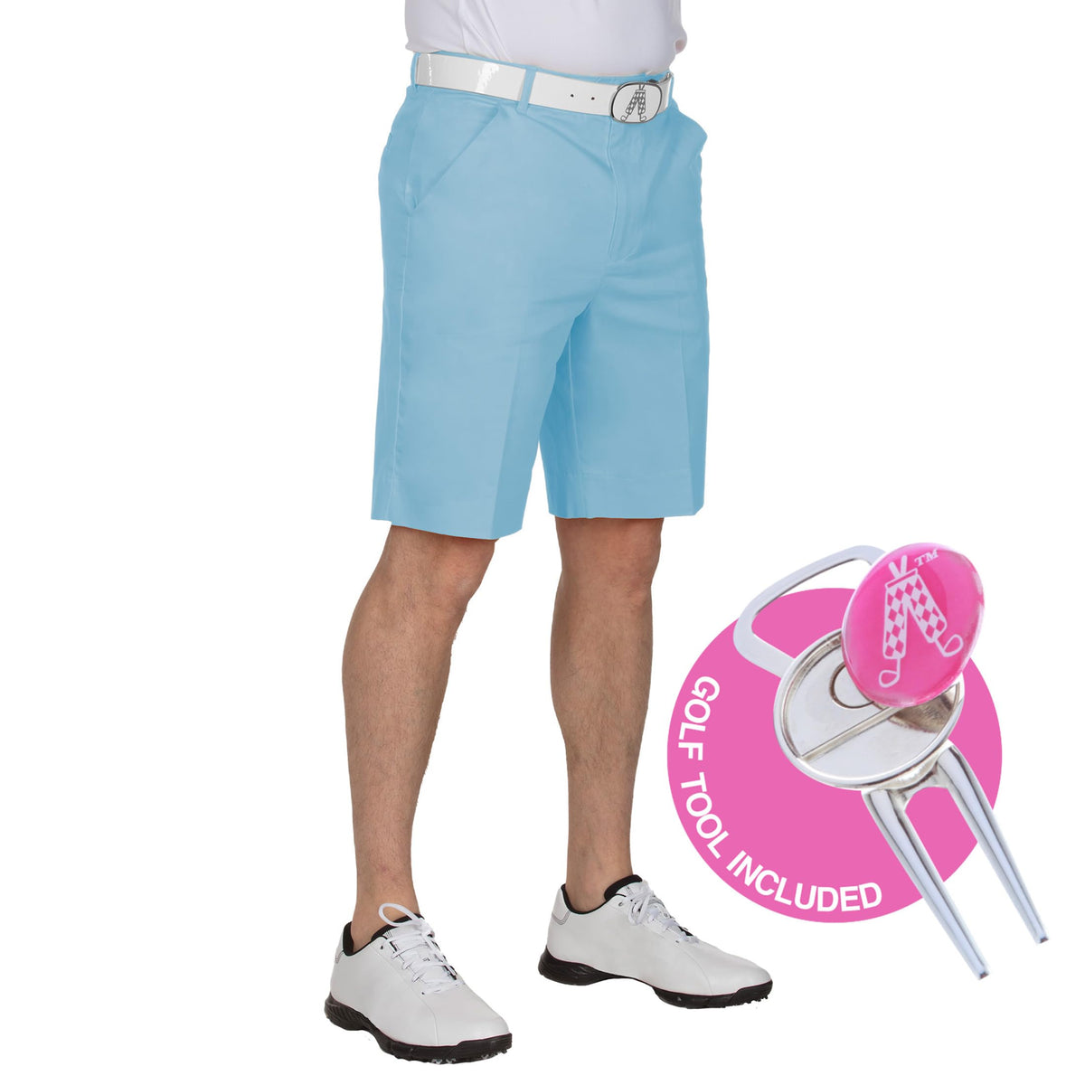Royal & Awesome men's pastel blue golf shorts on the green for a vibrant, comfortable round.
