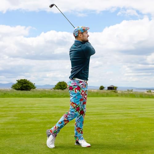 Close-up of multicolor diamond pattern on Royal & Awesome golf pants.