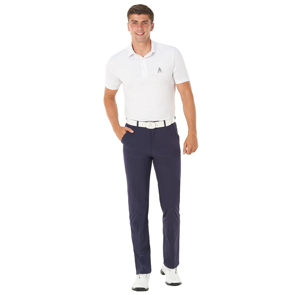 Royal & Awesome navy golf pants back view with sleek, functional fit