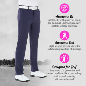 Rich navy color and fabric drape of Royal & Awesome golf pants.