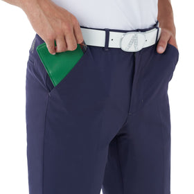 Royal & Awesome navy golf pants fabric closeup highlighting stretch fibers