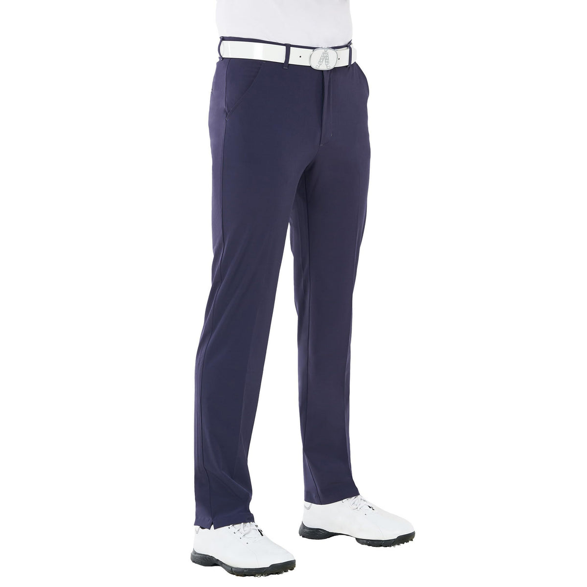 Royal & Awesome navy golf pants front view showing flexible movement on the course